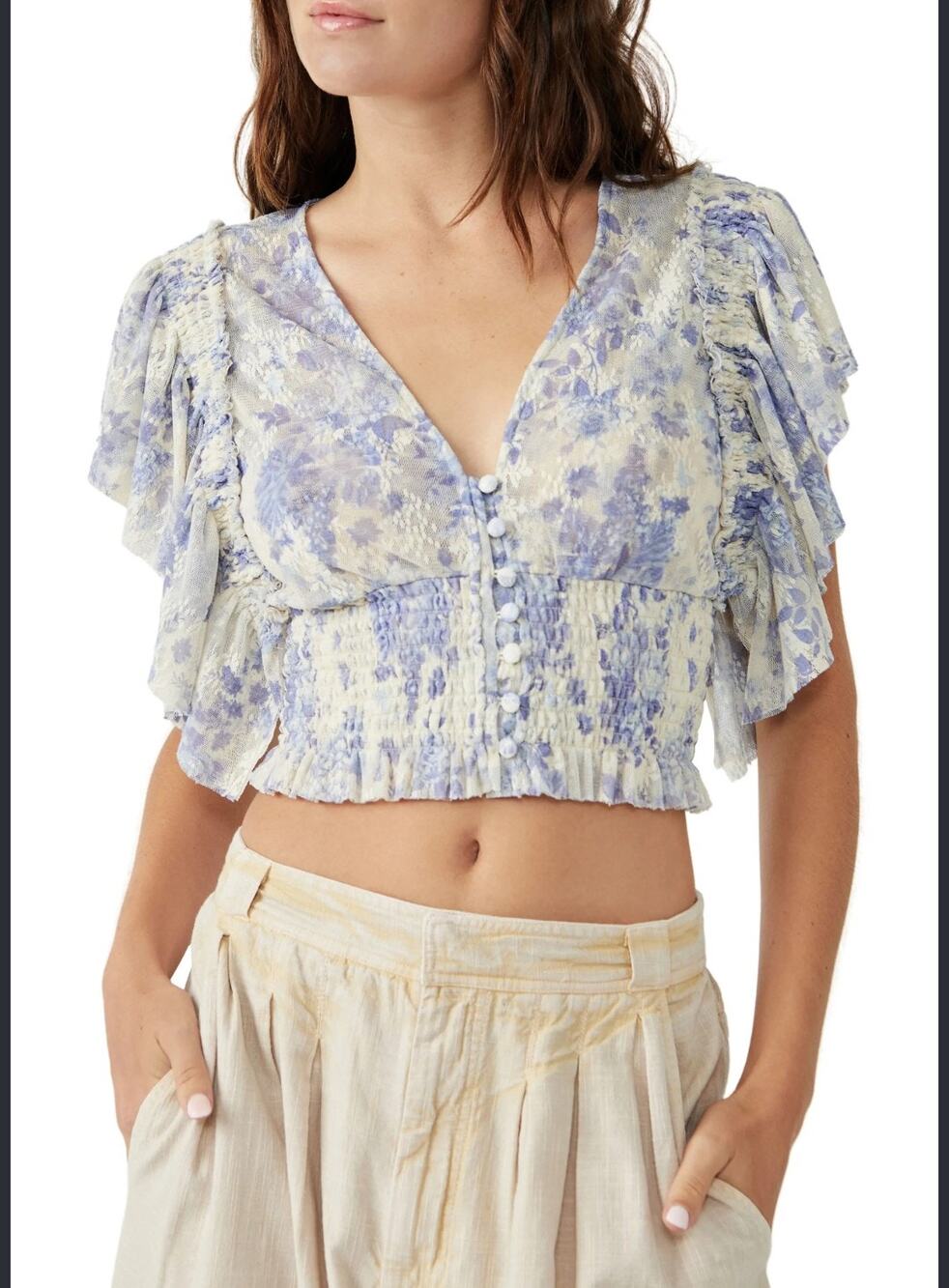 Free People Sugar Ruffle Sleeve Floral Crop Top Size Small Boho Fairy Feminine